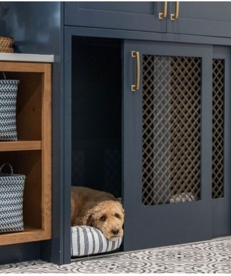 Built In Cabinet Dog Kennel, Built In Pet Kennel, Mud Room Dog Crate, Built In With Dog Crate, Dog Crate Cupboard, Integrated Dog Crate, Mudroom With Dog Crate, Dog Crate In Cabinet, Built In Dog Crates In Laundry Room