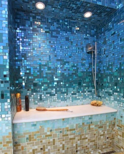 Wild under the sea theme bathroom achieved with tiles: http://www.completely-coastal.com/2014/10/under-the-sea-rooms.html Sea Bathroom, Tropical Bathroom, Mosaic Bathroom, Beach Theme Bathroom, Bathroom Color, Shower Tile Designs, Decor Baie, Blue Bathroom, Beach Bathrooms