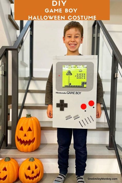 DIY Classic Game Boy Halloween Costume Idea - OneSmileyMonkey.com Gameboy Costume Diy, Gameboy Costume, Diy Costumes For Boys, Easy Homemade Halloween Costumes, Homemade Costumes For Kids, Halloween Costume Game, Boys Halloween Costumes Diy, Purim Costumes, Video Game Costumes