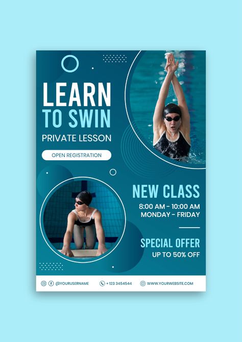 Gradient Professional Swimming Class Flyer Swimming Poster Design, Swimming Lessons For Kids, Swimming Posters, Swimming Coach, Professional Swimming, Class Poster, Swimming Classes, Train Posters, Teaching Posters