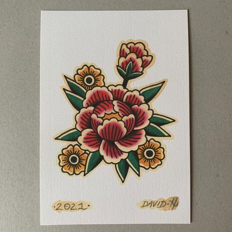 Peony Traditional Tattoo, Traditional Bee Tattoo, Trad Flower Tattoo, Traditional Peony Tattoo, Flapper Tattoo, Traditional Peony, Peony Tattoo, Fleur Orange, Old School Tattoo Designs