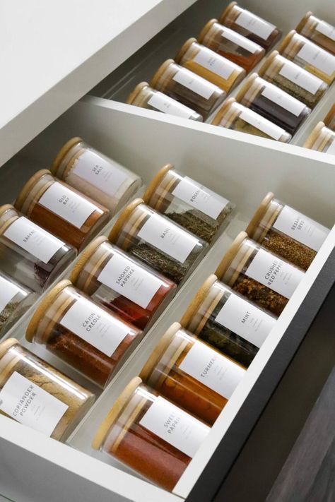 Spice Rack Tray, Kitchen Pantry Labels, Spice Tray, Mint Seeds, Spice Organizers, Spice Organization Drawer, Spice Jar Labels, Maple Kitchen, Kitchen Spice Racks