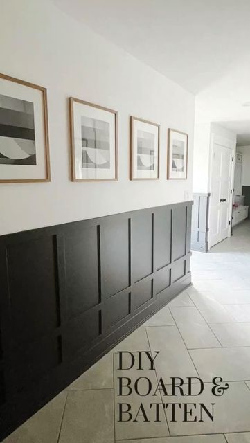 Half Charcoal Half White Wall, Black Bottom White Top Walls, Simple Wood Paneling, Accent Walls Half Wall, Feature Wall Hallway Entrance, Wood Panel Walls Entry Way, Bottom Half Of Wall Ideas, White Wall Black Panelling, Half Black And White Wall