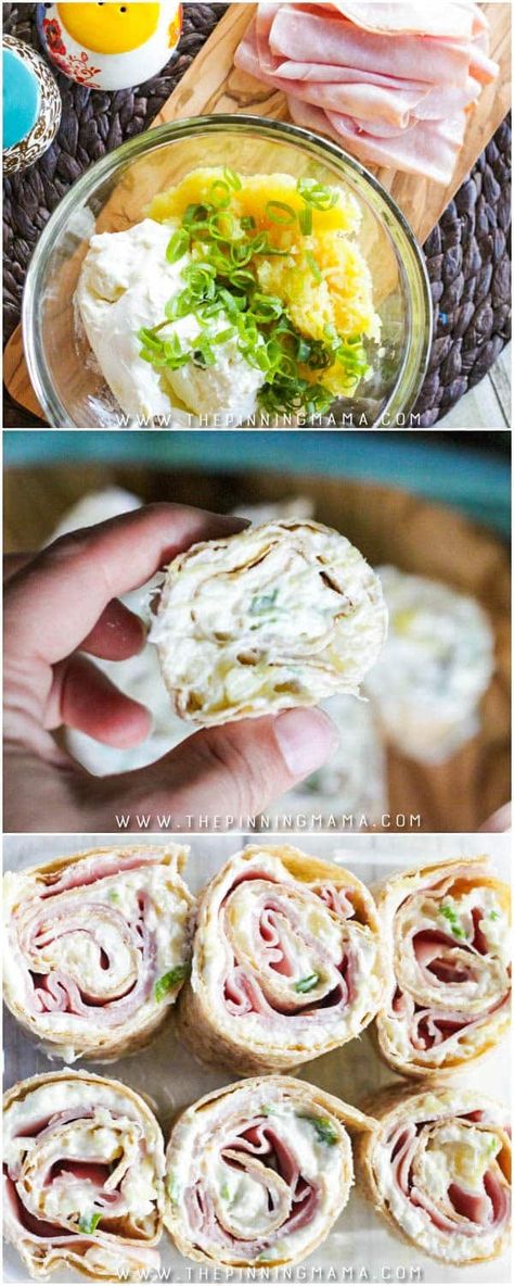 Hawaiian Tortilla Roll Up • The Pinning Mama Tortilla Roll Up, Ham Pineapple, Luau Party Food, Tailgating Food, Luau Food, Tortilla Rolls, Roll Ups Recipes, Bite Size Appetizers, Roll Ups Tortilla