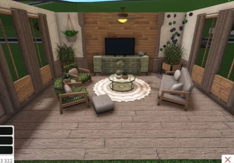 Bloxburg Living Room Aesthetic, Sage Green Bloxburg Bedroom, Bloxburg Green Room Ideas, Sage Green Bloxburg House, Bloxburg Cottage Living Room, Blox Burg Living Room Idea, Small Cozy Bloxburg House, Small Living Room Bloxburg, Cottage Core Bloxburg Living Room