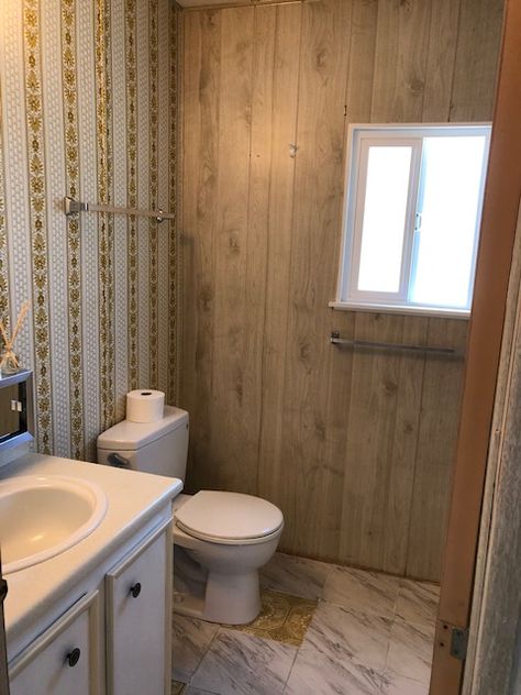 Mobile Home Makeover! Mobile Home Walls Makeover, Old Mobile Home Makeover Single Wide, Mobile Home Renovations Single Wide, Old Mobile Home Makeover, Painting Over Paneling, Single Wide Remodel, Small Scale Furniture, Blue And White Bedding, Mobile Home Repair