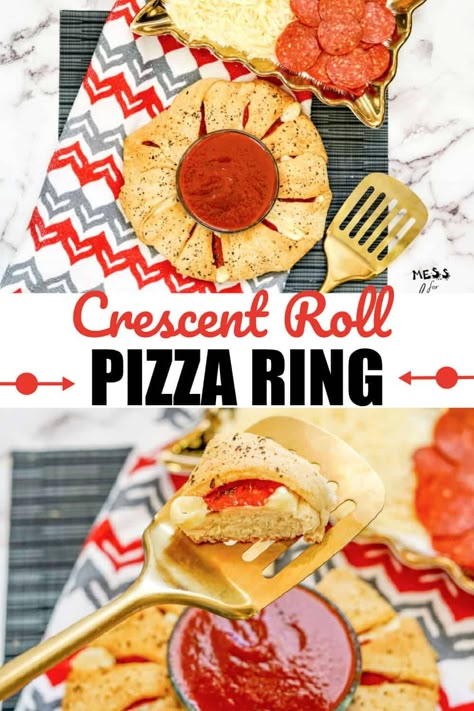 Crescent dough, mozzarella cheese, pepperoni, and pizza sauce combine to make this delicious snack. This Crescent Roll Pizza Ring is just as fun to make as it is to eat. It just takes a few minutes to make and you can use it as a party appetizer or a meal. Crescent Roll Pizza Ring, Crescent Bread, Cheese Meals, Pizza Ring, Cheese Ring, Crescent Roll Pizza, Pepperoni Rolls, Knead Bread Recipe, Crescent Ring