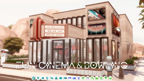 scarlett - fun cinema & bowling center 30x20 228 450$ no cc... Lots Sims 4, Ts4 Lots, Sims Lots, Sims 4 Save File, Bowling Center, Theatre Building, Oasis Springs, The Sims 4 Lots, Sims 4 Gallery