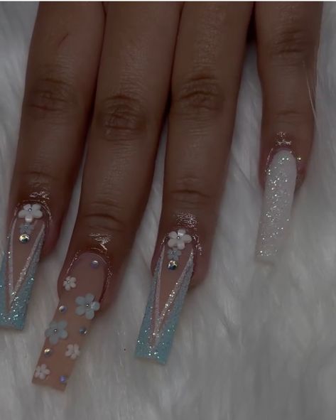 Sky Blue Quince Nails, Dusty Blue Prom Nails, Baby Blue Quince Makeup, Baby Blue Quince Nails, Baby Blue Prom Nails, Cinderella Blue Nails, Light Blue Quince Nails, Blue Quince Nails, Cute Baby Blue Nails