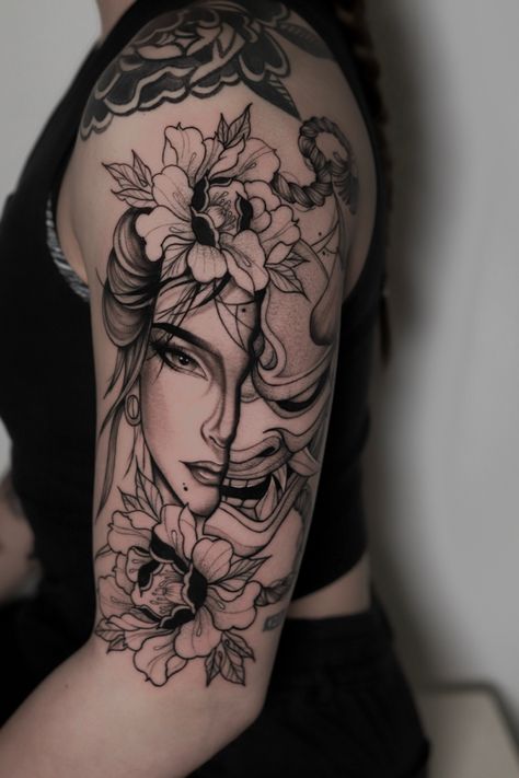 Girly Realism Tattoo, Oiran Tattoo, Woman Face Tattoo Design, Ruby Rose Tattoo, Pet Tattoos, Geisha Tattoo Design, Face Tattoos For Women, Cute Couple Tattoos, Back Piece Tattoo