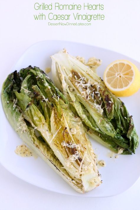 I will never buy the store bought Caesar Kits again. This is the only way to go :) Grilled Romaine Hearts with Caesar Vinaigrette Caesar Vinaigrette, Romaine Lettuce Recipe, Grilled Romaine Hearts, Grilled Romaine Lettuce, Romaine Hearts, Grilled Romaine Salad, Lettuce Recipes, Grilled Romaine, Romaine Salad