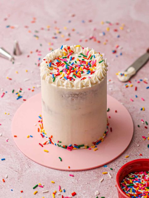 A small white cake that has been crumb coated, surrounded by rainbow sprinkles. Small White Cake, White Smash Cake, Mini Smash Cake, Small Birthday Cake, Mini Birthday Cake, Small Birthday Cakes, Smash Cakes, Cake Storage, Sweet Treats Desserts