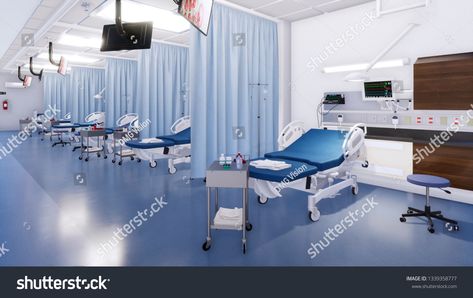 Modern emergency room interior with row of empty hospital beds and various first aid medical equipment. With no people 3D illustration on medicine and health care theme from my own 3D rendering file. #Ad , #SPONSORED, #hospital#empty#aid#beds Nurses Station, Maternity Hospital, Hospital Bed, Hospital Design, Med Student, Business Icons Design, Emergency Room, Medical Equipment, Kids Health