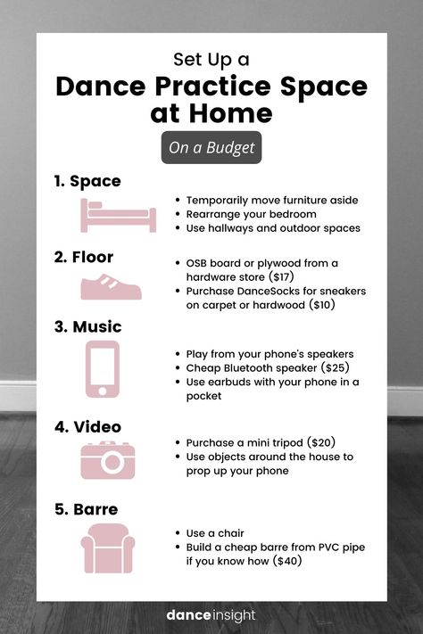 How to Set Up a Dance Practice Space at Home on a Budget – Dance Insight How To Learn Ballet At Home, Learning Ballet, Dance Career, Ballet Steps, Dance Room, Dance Coach, Training At Home, Ballet Studio, Dance Rooms