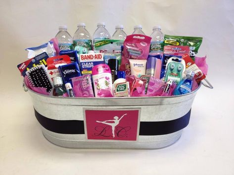 Need an amenities for your next wedding or bar/bat mitzvah? This was created for a dance themed event! Wedding Reception Bathroom Baskets, Reception Bathroom Basket, Wedding Reception Bathroom, Reception Bathroom, Guest Basket, Bathroom Laundry Baskets, Bathroom Basket Wedding, Band Trip, Bathroom Basket