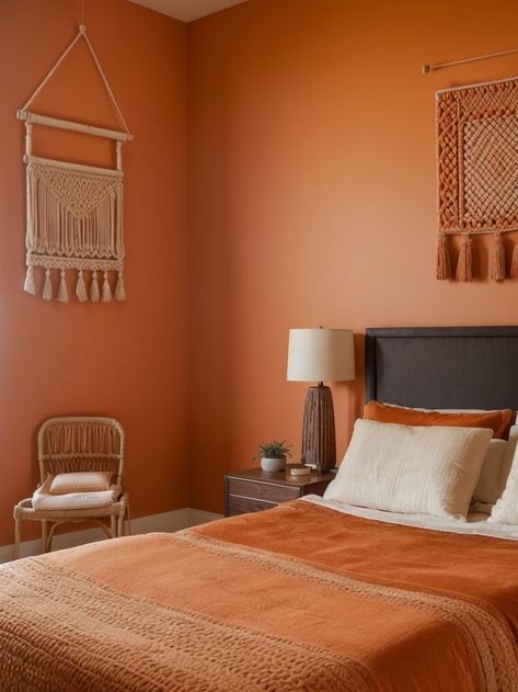 Sunset Bedroom Aesthetic, Sunset Bedroom, Macrame Bedroom, Peach Rooms, Terracotta Paint, Macrame Hanging Chair, Parents Bedroom, Orange Rooms, Peach Walls