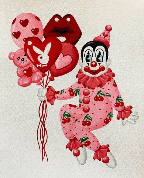 Jacki Jo Koester shared a post on Instagram: “❤️Valentines!❤️ Some last minute Valentines prints will be available on my website! Original…” • Follow their account to see 200 posts. Vintage Clown Drawing, Love Clown, Lovecore Art Drawing, Valentines Prints, Last Minute Valentines, Vintage Halloween Art, Clown Paintings, Cute Clown, Vintage Valentine Cards