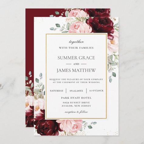 Pink And Burgundy Wedding, Green Leaves Watercolor, Blush Floral Wedding, French Roses, Burgundy And Blush Wedding, Blush Pink Roses, Rose Gold Wedding Invitations, Maroon Wedding, Burgundy Wedding Invitations