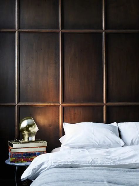 Dark Wood Bedroom, White Wood Paneling, Masculine Bedroom, New Bedroom Design, Timber Panelling, Dark Interiors, Wall Molding, Wood Bedroom, Wood Panel Walls