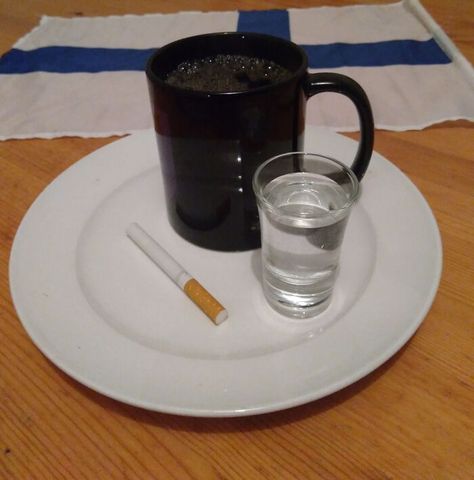 Blörö - The Famous Finnish Breakfast Consisting Of Hot Coffee, Vodka, And A Cigarette Hard Bread, Sushi Grade Tuna, Sushi Cake, Nigiri Sushi, Pickled Ginger, Prime Rib Roast, Drink Containers, Breakfast Of Champions, Food Humor