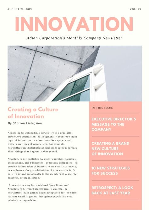 Cream and Salmon Pink Minimal Modern Company Newsletter Newsletter Design Layout, Newsletter Design Templates, Company Newsletter, Business Newsletter Templates, Newsletter Layout, Business Newsletter, Email Newsletter Template, Email Marketing Design, Newsletter Design