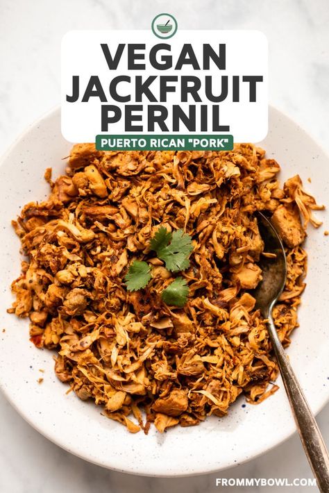 This Vegan Jackfruit “Pernil” is a take on the traditionally meat-centric Puerto Rican dish. Using jackfruit as “pulled pork,” this recipe tastes just like the real thing! Vegan Spanish Recipes, Pernil Recipe, Vegan Jackfruit, Vegan Pulled Pork, Jackfruit Recipes, Boricua Recipes, Easy Vegan Dinner, Caribbean Recipes, Vegan Cooking