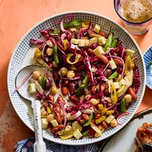 Three-Bean "Antipasto" Salad Recipe | Vegetarian | Hannaford Antipasto Salad Recipe, Antipasto Salad, Vegetarian Salad Recipes, Olive Recipes, Artichoke Recipes, Pea Recipes, Chickpea Recipes, Canned Chickpeas, Food Categories