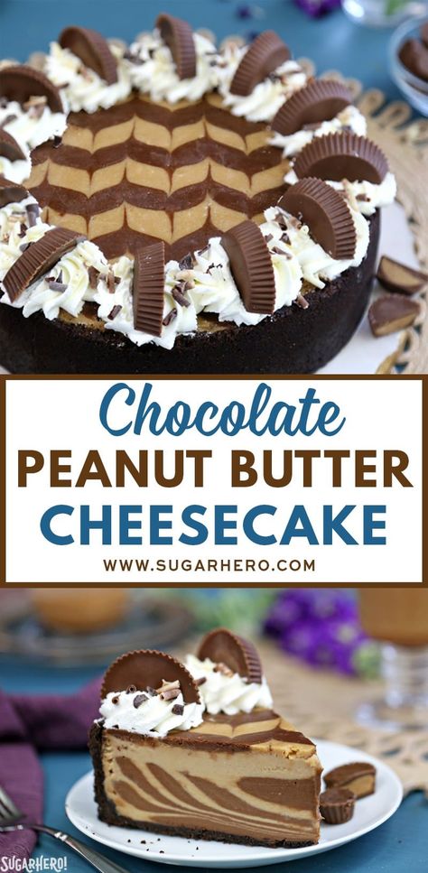 Cup Cheesecake, Chocolate Swirls, Chocolate Peanut Butter Cheesecake, Peanut Butter Cheesecake, Peanut Butter Desserts, Chocolate Swirl, Cookie Crust, Peanut Butter Recipes, Chocolate Cheesecake