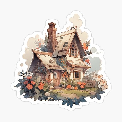 Cottage With Flowers, Home Decor Ideas Rustic, Cottage Illustration, Decor Bathroom Ideas, Home Decor Dyi, Cottagecore Art, The Aurora Borealis, Cute Cottage, House Illustration