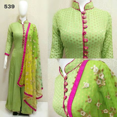 Rajasthani Gota Patti work Suits: khadi georgette flare suit with designer sequence dupatta and churidar. yellow, pink and green colours Desi Kurti, Suits Party Wear, Party Wear Suits, Lehenga Anarkali, Silk Kurti Designs, Gota Patti Work, Embroidery Suits Punjabi, Designer Punjabi Suits, Green Colours