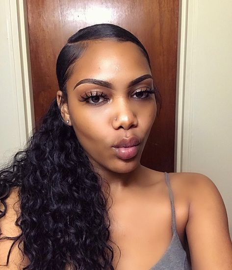 @crownme_bitxch✨ Sleek Low Ponytail Curly Hair, Bobby Pin Hairstyles For Black Women, Slick Back Wet Curly Hair Look Black Women, Curly Hairstyles With Bobby Pins, Wavy Sleek Ponytail, Sleek Wavy Ponytail Black Women, Wedding Ponytail Hairstyles, Hairstyles For Black Hair, Wavy Ponytail