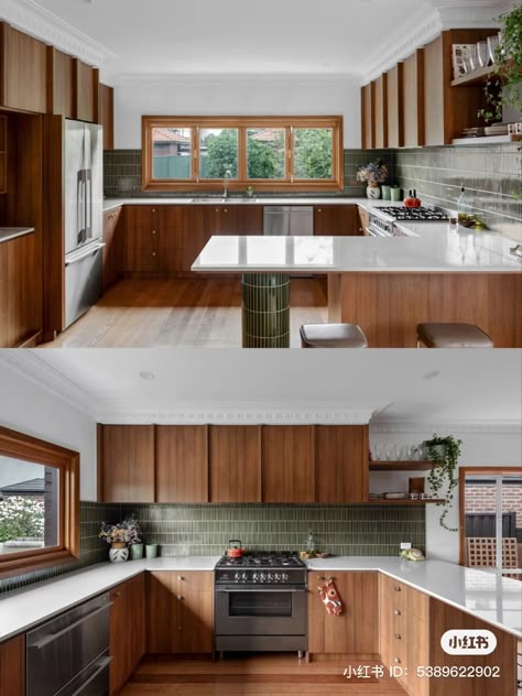 Small L Shaped Kitchen Layout, Family Cooking Together, Craftsmen Kitchen, Eichler Kitchen, Retro Modern Kitchen, Diy Coral, Kitchen Restoration, Green Concrete, House Of Pain