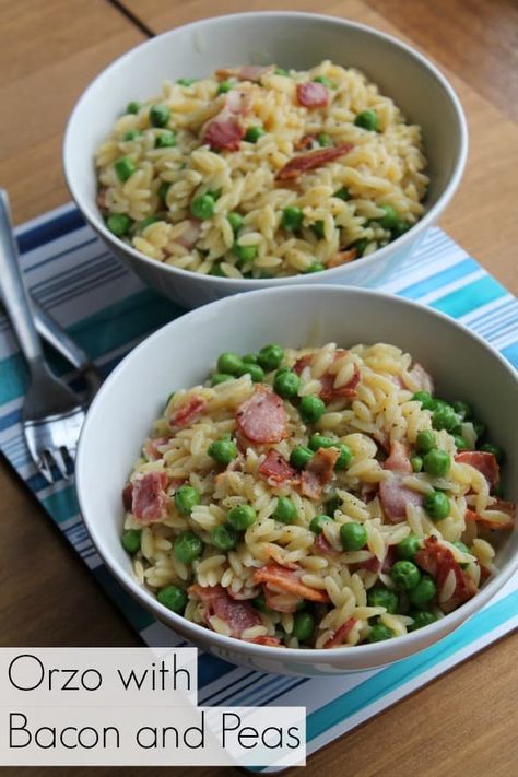 Orzo Bacon Recipes, Bacon Orzo Recipes, Bacon Orzo, Orzo Dinner, Bacon Peas, Pasta With Bacon, Pea Pasta, Week Meals, Comfort Dinner