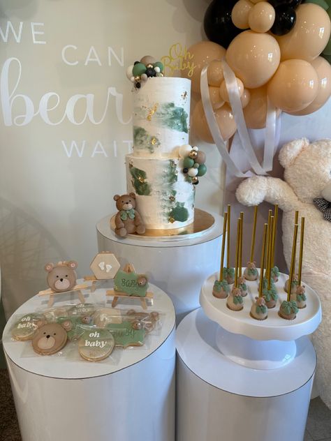 We Can Barely Wait Cake, Teddy Bear Cupcakes, Baby Shower Stationary, Bear Baby Shower Cake, Sage Green Baby Shower, Gender Reveal Baby Shower Themes, Baby Shower Sweets, Bear Baby Shower Theme, Bear Cupcakes