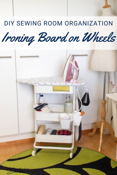 Ironing Board on Wheels – Sewing With Scraps Ikea Ironing Board, Sewing With Scraps, Diy Ironing Board, Ikea Raskog Cart, Raskog Cart, Ikea Cart, Ironing Station, Ikea Raskog, Storage Unit Organization