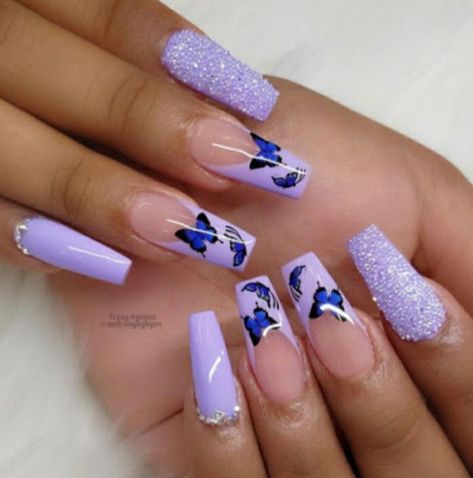 Long French Tip Acrylic Nails, French Tips Purple, Acrylic Nails With Butterfly, Nail Inspo Purple, Nails Tapered, Long French Tip, Nails With Butterfly, Butterfly Unique, Short Nail Art