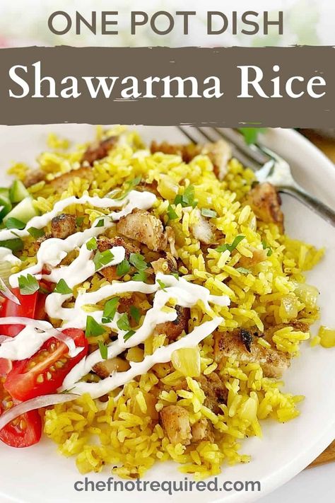 This recipe for shawarma rice is a one pot wonder! Packed with shawarma spices, this quick and easy take on chicken shawarma and rice will be a family favourite in no time! This recipe uses chicken thighs, so the chicken comes out tender and juicy. #chefnotrequired #shawarma #shawarmarice Chicken Shawarma Meal, Swarma Chicken And Rice, Beef Sharwama Recipes, Shawarma Recipe Videos, Shawarma Recipe Vegetarian, Sharwama Chicken, Shwarma Chicken Thigh Recipe, Chicken Sharwama Recipe, Shawarma Sides