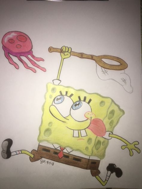 Coloured drawing of Spongebob catching jellyfish       - 8 - 5 -18 Spongebob Jellyfish Tattoo, Spongebob And Jellyfish, Spongebob Jellyfish Painting, Sponge Bob Jelly Fish Painting, Jellyfish From Spongebob, Spongebob Jellyfish, Spongebob Catching Jellyfish, Spongebob And Patrick Catching Jellyfish, Jellyfish Drawing