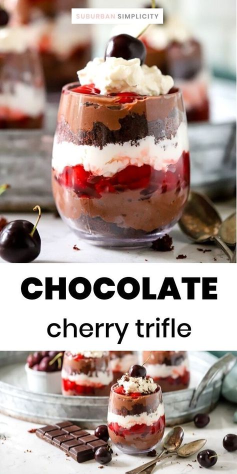 Cherry Trifle Recipes, Chocolate Cherry Trifle, Pudding Whipped Cream, Cherry Trifle, Trifle Bowl Recipes, Cherry Recipes Dessert, Trifle Dessert Recipes, Mason Jar Desserts, Creamy Pudding