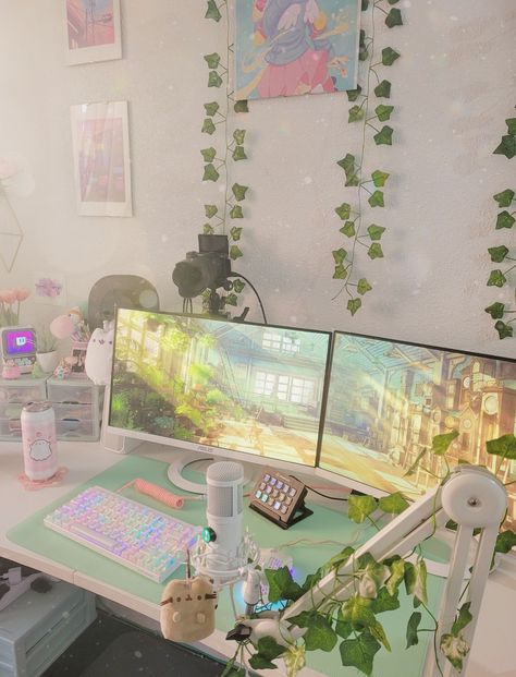 Adding more and more plants 🤭🌿 Mint Green Gaming Setup, Cute Gaming Set Up, Setup Inspiration, Gamer Desk, Game Setup, Cozy Gaming, Setup Gamer, Cool Dorm Rooms, Desk Setups