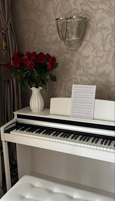 White Piano Aesthetic, Shed Room Ideas, Blue Home Offices, Piano Aesthetic, Room Wishlist, Piano Decor, White Piano, Art Studio Room, Vintage Room