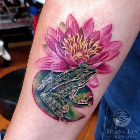 Leopard Frog and Water Lily Tattoo by Diana Lin at Liquid Amber Tattoo in Vancouver BC Water Lily With Lily Pad Tattoo, Frog On Lily Pad Tattoo, Lilypad Tattoo, Lily Pad Tattoo, Frog And Lily Pad, Amber Tattoo, Frog Lily Pad, Water Lily Tattoo, Ankle Foot Tattoo