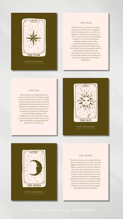 Gold Celestial Tarot Card Reading Carousel Instagram Post Template Tarot Design Ideas, Tarot Card Graphic Design, Astrology Instagram Feed, Tarot Instagram Feed, Tarot Branding, Tarot Template, Astrology Cards, Pink Celestial, Dark And Moody Interiors