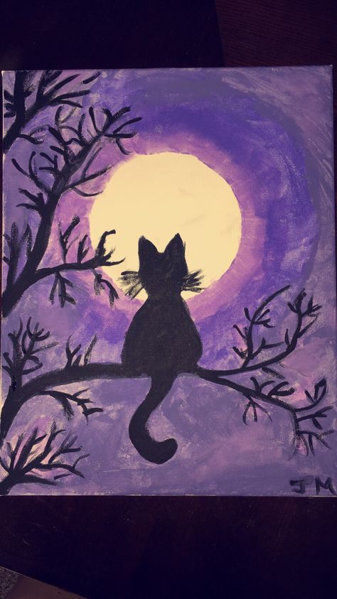 Black Cat Painting Easy, Father's Day Painting, Paint Plate, Moon Drawings, Simple Oil Painting, Black Cat Painting, Black Cat Silhouette, Painting Stuff, Moon Silhouette