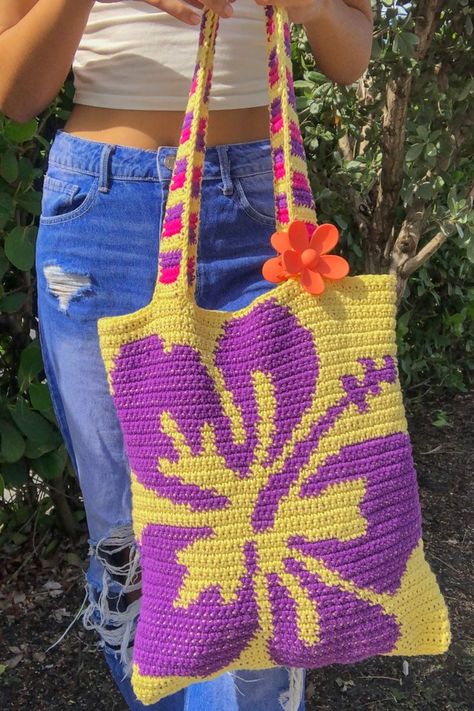 DIY: Hibiscus Flower Crochet Tote Bag + FREE CROCHET GRAPH PATTERN - YouTube | Crochet designs, Crochet, Crochet projects Diy Hibiscus Flower, Hibiscus Flower Crochet, Hibiscus Flower Tote Bag, Tote Crochet, Crochet Graph, Crochet Bag Tutorials, Tapestry Crochet Patterns, Crochet Design Pattern, Kawaii Crochet