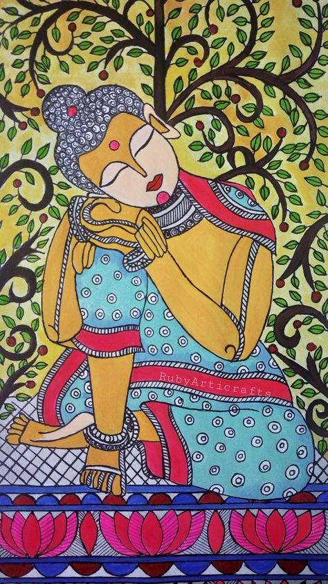 Bihar Madhubani Painting, Madhubani Art Buddha, Buddha In Madhubani Painting, Wall Painting Frames Home Decor, Traditional Madhubani Art Krishna, Madhubani Fabric Painting, Simple Madhubani Paintings, Madhubani Paintings On Canvas, Ganesha Madhubani Painting