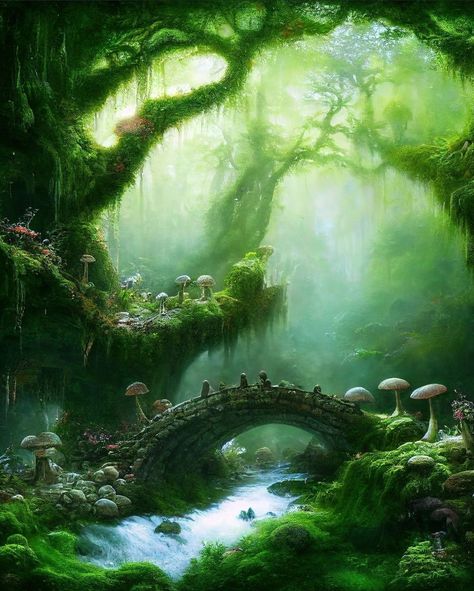 Fantasy Backgrounds Landscape, Rainforest Fantasy Art, Forest Fantasy World, Forest Fairy Drawing, Fantasy World Drawing, Green Fantasy Art, Fantasy Pond, Fantasy Rainforest, Magical Rainforest