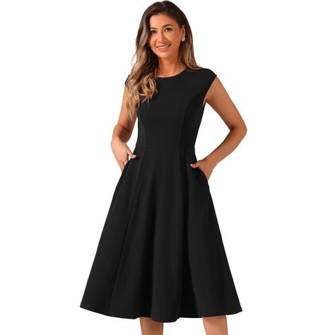 Solid Wear-To-Work Spring/Fall/Winter 95% Polyester Regular Knee Length Casual Sleeveless A-Line Machine Wash Cold With Like Colors Dresses Work Office, A Line Dress Black, Midi Dress Black, Line Dress, Work Office, Work Attire, Cinched Waist, Black Midi Dress, Black Media