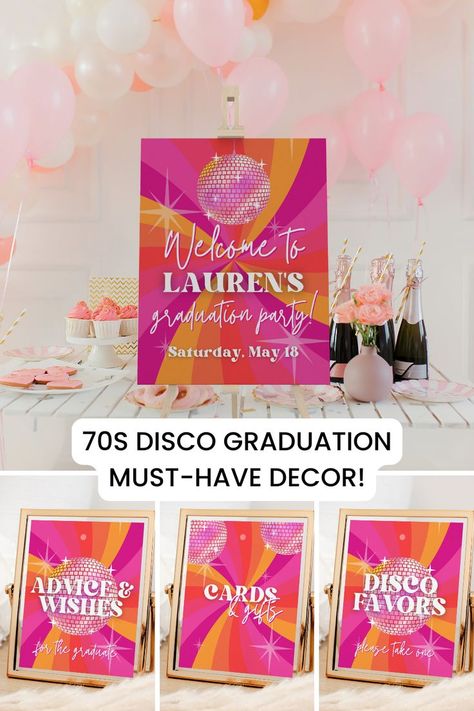 Disco Graduation Party, Graduation Party Decorations, Grad Party Decorations, Groovy 70s, School Celebration, 70s Disco, University College, Party Printable, Graduation Party Decor