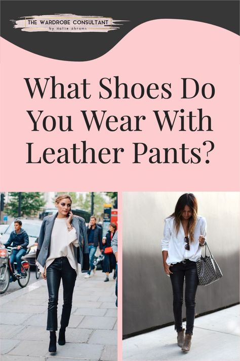 What shoes to wear with leather pants. Boots or pumps? Leather or suede? Same color or different? They’re totally valid questions. In fact, as I was chatting with some of my favorite store owners and managers recently, they said it’s a question they receive from customers often too…So let’s have at it. A quick guide to what shoes pair well with leather pants. #leatherpants #styletips #boots #leather Leather Pants Leather Boots, Styling Vegan Leather Pants, What Shoes To Wear With Black Faux Leather Pants, Leather Kick Flare Pants Outfit, Shoe With Leather Pants, Leather Trousers And Boots, Kut From The Kloth Leather Pants, Leather Pants Suede Boots, Let Her Pants Outfit